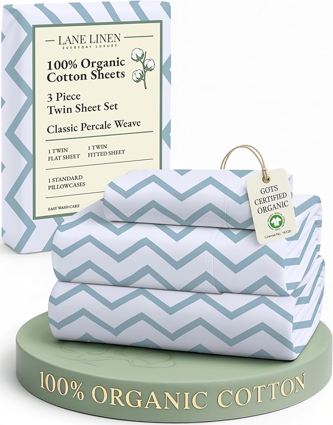 LANE LINEN 100% Organic Cotton Twin Size Bed Sheets, Fully Elasticized Mercerised Cotton Naturally Cooling Twin Bed Sheets Machine wash Ecor Friendly Prined Deep Pocket Sheets -Chevron