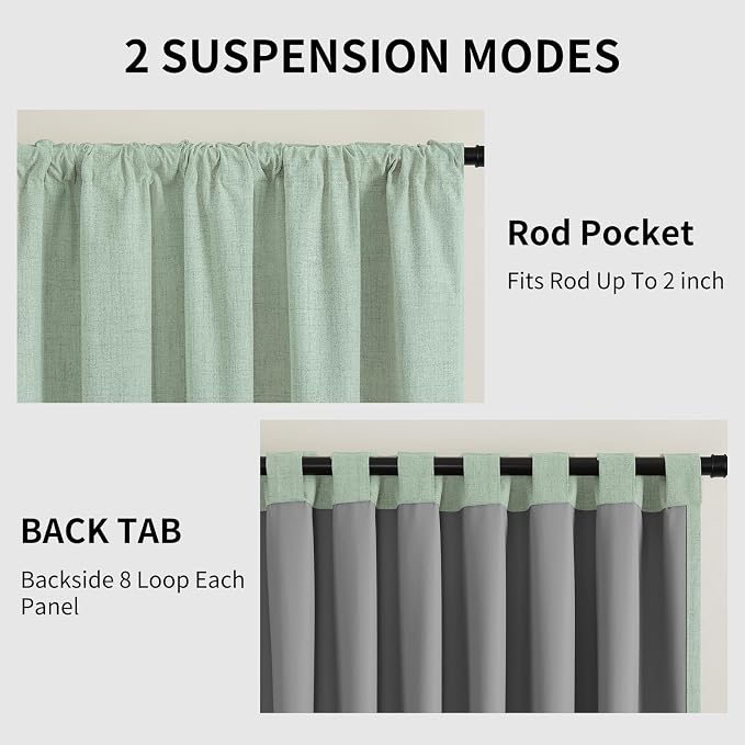 CUCRAF Linen 100% Blackout Curtains 96 Inch Length 2 Panels Set, Back Tab and Rod Pocket Curtain for Living Room Bedroom, Room Darkening Window Drapes Thermal Insulated, (52x96 inch, Sage Green)