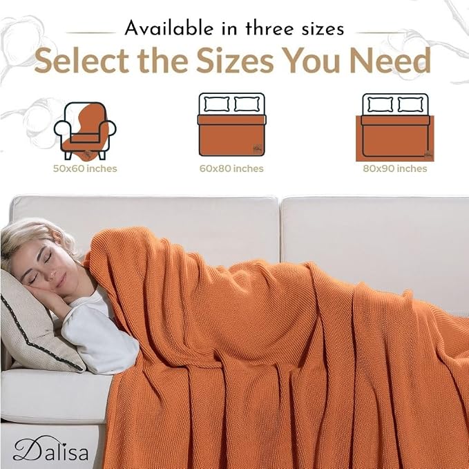 Dalisa 100% Organic Turkish Cotton Throw Blanket, GOTS Certified Cotton Blanket for Couch, Bed & Home Décor, Vintage Knit Design, Harvest Pumpkin, 80 x 90 in