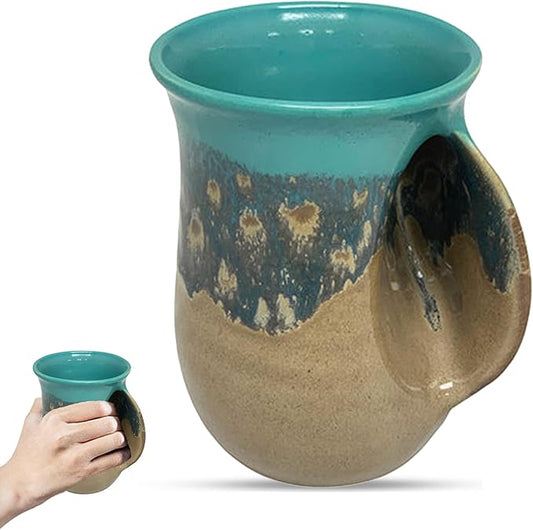 Clay in Motion Hand Warmer Coffee Mug – Handmade Coffee Mug With Comfortable Handle Contoured Pocket Hand Warming Ceramic Coffee Mug – Proudly Made in USA – Right Handed – 14 Oz - Island Oasis