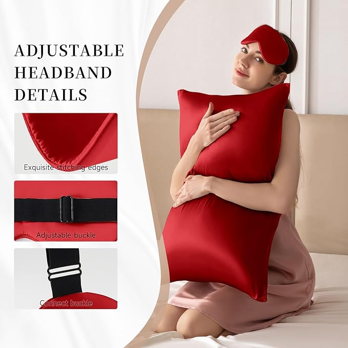 THXSILK Sleep Mask 100% 19 Momme Pure Mulberry Silk Super Smooth Cooling Sleep Eye Mask Blackout for Women/Man/Kids Eye Cover with Wide Head Strap Good Night Sleep Comfortable Travel and Nap, Red