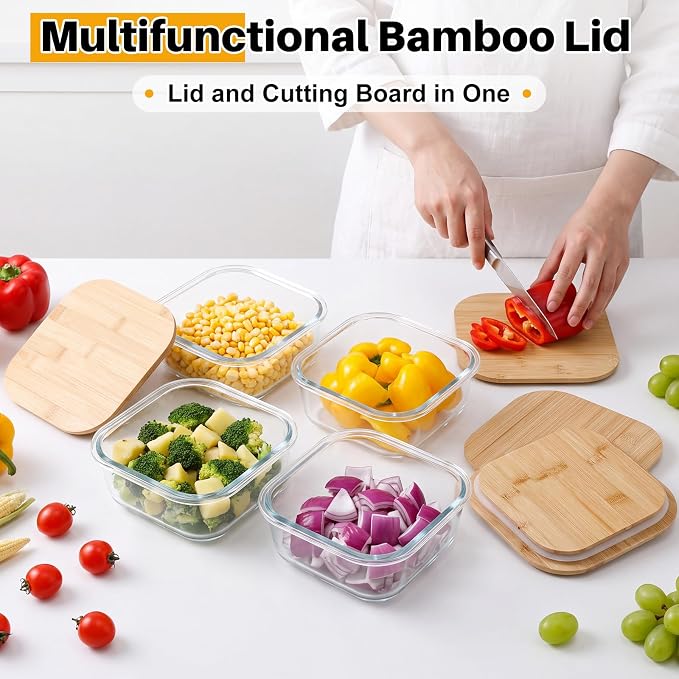 Blushtier 4 Pack 41 oz Borosilicate Glass Food Containers with Bamboo Lids, Stackable Glass Bowls for Meal Prep & Lunch, Microwave, Freezer and Dishwasher Safe