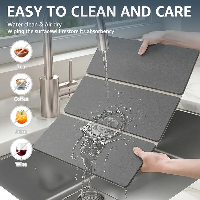 Sisher Large Stone Dish Drying Mat For Kitchen Counter,Quick Dry Diatomaceous Earth Drying,Water Absorbing,Easy To Store,Foldable For Dish Racks, Bottles, Cups, And Cutlery.(24" × 16" Dark Gray)
