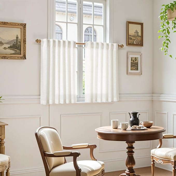 Nanspring Beige White Linen Curtains 36 Inch Length Cortinas para Cocina Kitchen Semi Sheer Short Curtains for Half Window Back Tab Rod Pocket Cafe Basement Small Curtain 36 x 36 Inch, 2 Panels