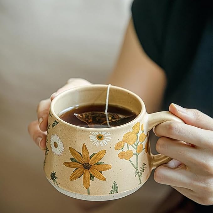 16OZ Ceramic Coffee Latte Mug, Cute Cup for Women, Ideal for Green Tea or Coffee,Hand Painted Floral Design Pottery Mug (sunflower)