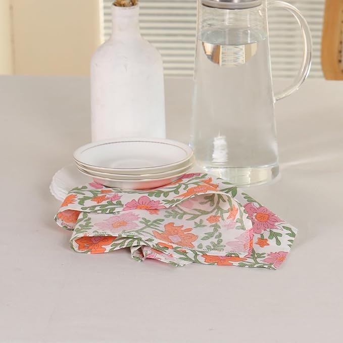 Floral Cloth Napkins Set of 12, 100% Cotton Reusable Dinner Napkins, Block Print Inspired, 18 x 18 Inch Table & Kitchen Napkins for Everyday Dining & Entertaining, Cream Floral