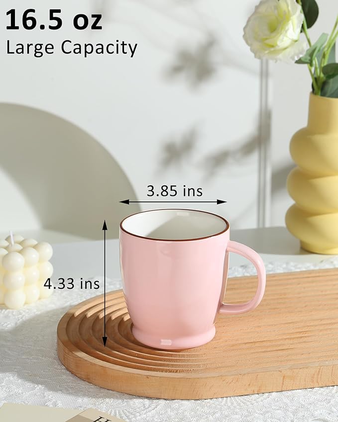 Pink Coffee Mug, 16.5oz Large Coffee Cup Microwave Safe, Latte Cup for Women, Office, Home, Ceramic Tea Cup with Large Handle, Both Hot & Cold Beverage