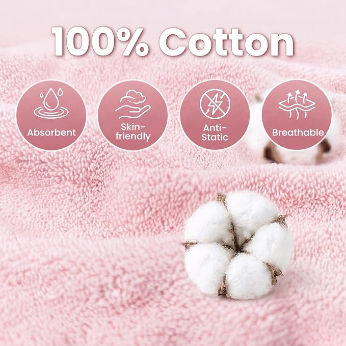 Mandydov 100% Cotton Hair Towel Wrap for Women, 2 Pack Thickened & Super Absorbent Turbans, Anti Frizz Quick Dry Hair Towels (White, Pink)