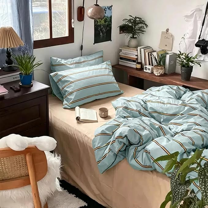 mixinni Retro Mint Blue Striped Duvet Cover Set - 100% Natural Cotton 3-Piece Vintage Stripes Pattern Printed Bedding Set, Soft Breathable Comforter Cover with Zipper Closure & Corner Ties, Twin Size