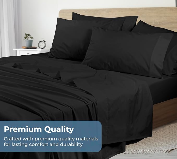 ROYALE LINENS 100% Organic Cotton King Sheet Set - Percale Weave - 4 Pieces Set - 1 Flat, 1 Deep Pocket Fitted Sheet and 2 Pillowcases - Black Bed Sheets - Sábanas King - Crisp Cool (Black)