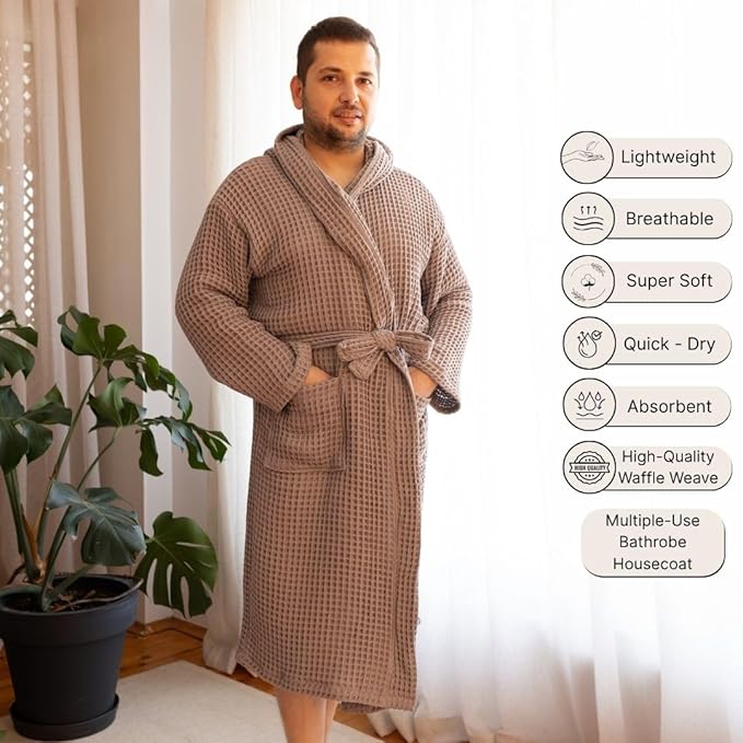 100% Turkish Cotton Men's Waffle Robe with Hooded, Premium Soft Cozy Housecoat or Quick-Dry Bathrobe for Mens