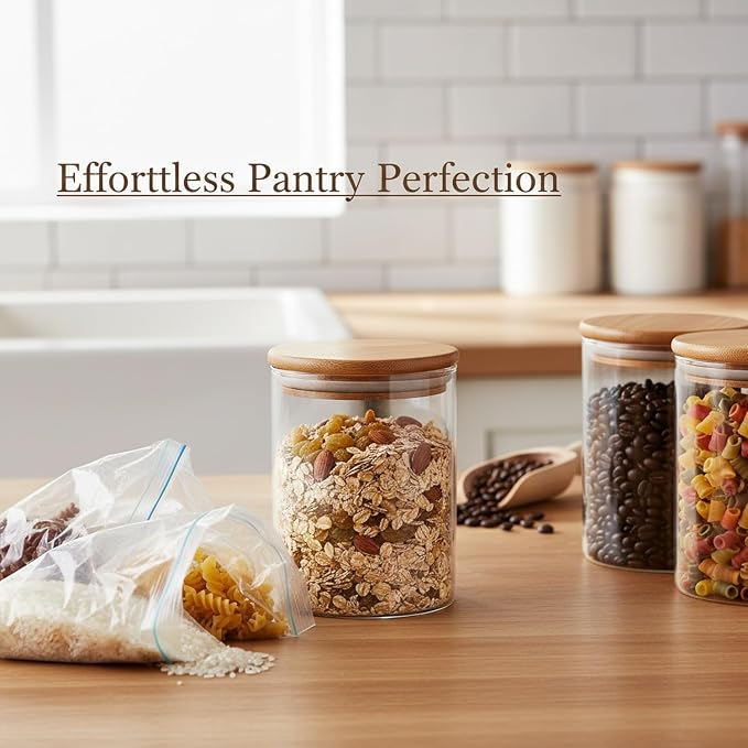Borosilicate Glass Storage Jars with Bamboo Lids, Clear Kitchen Canisters for Pantry Organization of Dry Goods, Coffee, Tea, and Grains