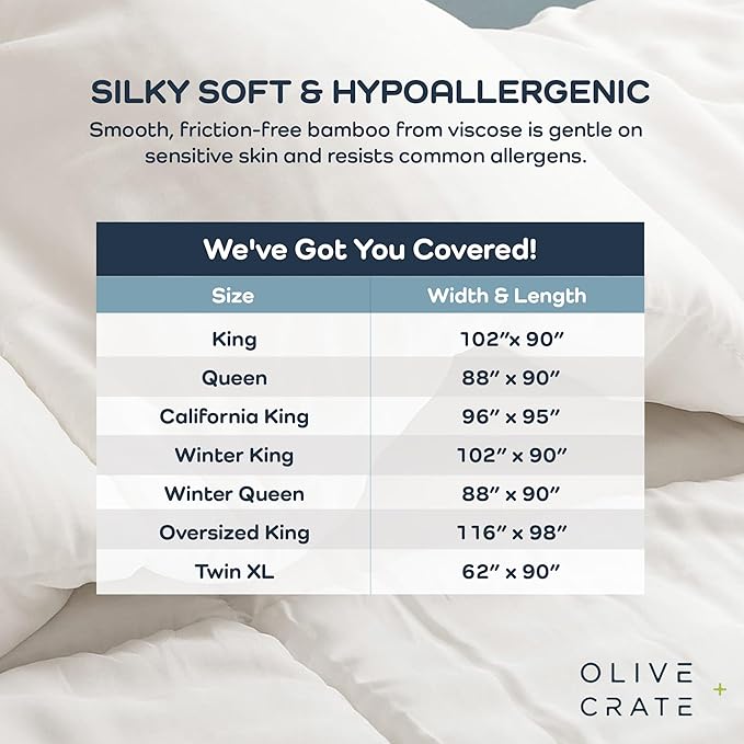 Olive + Crate Cooling Down Alternative Comforter - Hypoallergenic Queen Size Duvet Insert Lightweight - All Seasons Plush Design Bamboo Comforter - 100% Bamboo Viscose Outer Cover - White 88"x90"