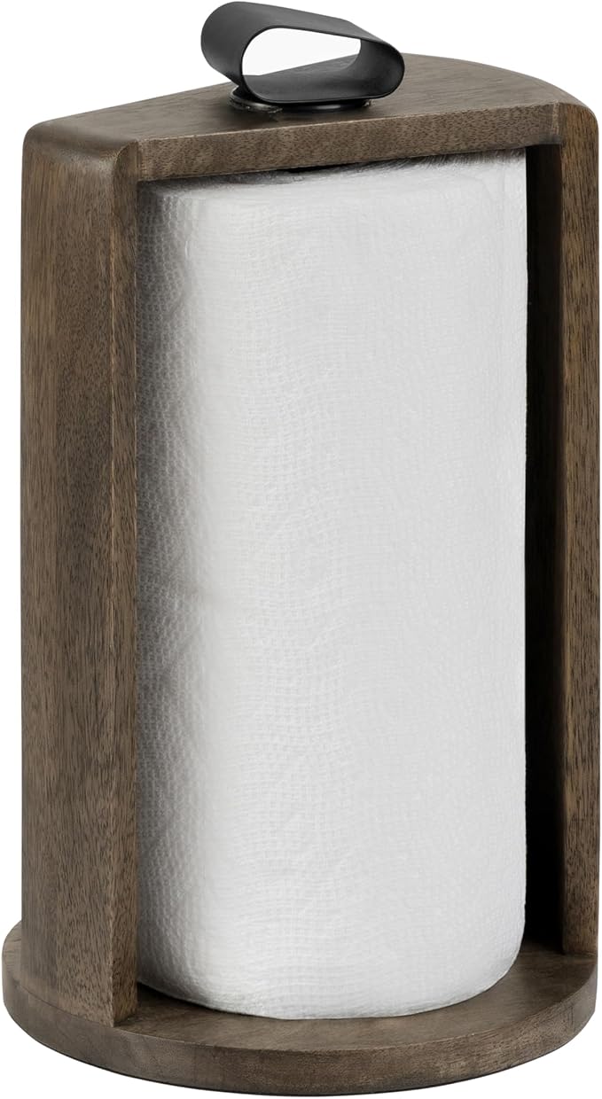 Anji Mountain Wooden Paper Towel Holder with Iron Holder, Holder Stand for Kitchen Roll Organizer & Kitchen Dining Table Home Décor, Countertop Fits Jumbo & Mega Rolls - Chocolate/Black, Top Load