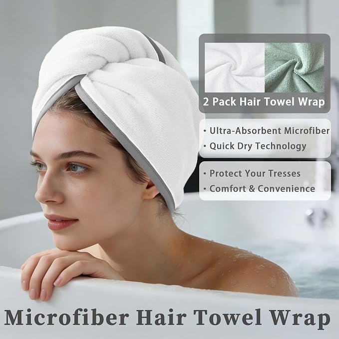 VOOVA & MOVAS Light Gray & White Microfiber Hair Towel, 2Pcs Button-Free Elastic Loop Hair Turban, Ultra Soft Quick Dry Hair Wrap, Highly Absorbent Anti Frizz Towel