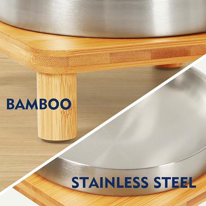 DoogCat Elevated Cat Bowls for Indoor Cats – Raised Bamboo Cat Food Table with 2 Stainless Steel Dishes, Adjustable Height (4.25"/3.07"), Whisker Friendly Feeding Station