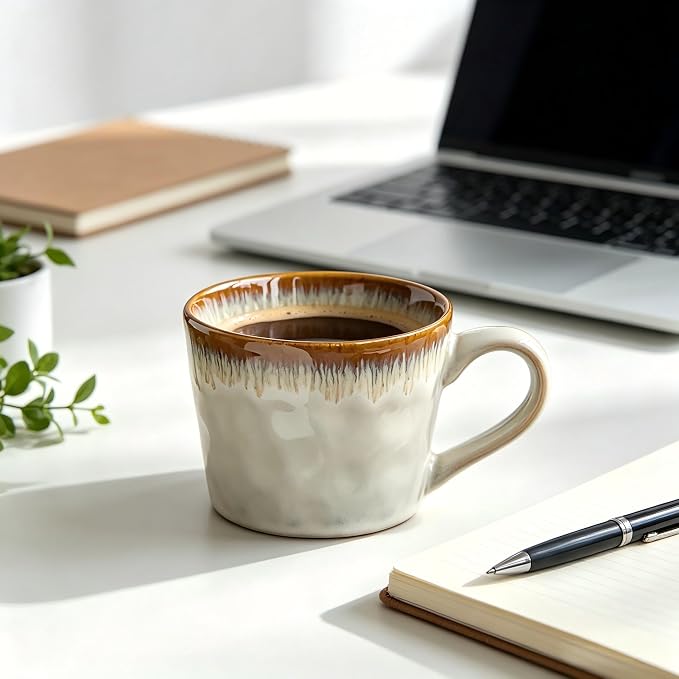 Handmade Kiln Drip Glaze Ceramic Coffee Mug 14oz, Vintage Hammered Wavy Textured Latte Cup, Microwave Dishwasher Freezer Safe Large Handle Tea Mug, for Home Office, Ideal Couple Housewarming Gift