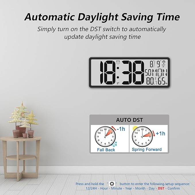 Digital LCD Atomic Desktop Clock, 7.8" Screen with Time, Date, Temperature, Humidity, Alarm, Snooze, DST, Time Zone for Home, Office (No Backlight)