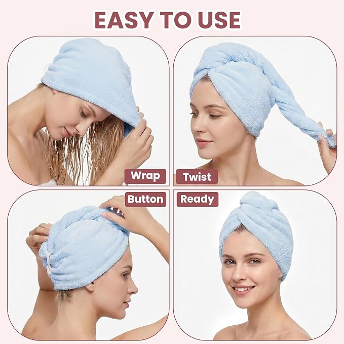 Mandydov 100% Cotton Hair Towel Wrap for Women, 2 Pack Thickened & Super Absorbent Turbans, Anti Frizz Quick Dry Hair Towels (Blue)
