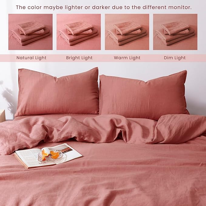 S VICTORY SYMBOL 100% Organic Linen Duvet Cover Set 3PCS King Size,Stone Washed Natural French Flax Bedding,1 Comforter Cover and 2 Pillowcases,Farmhouse Bedding Set(Clay)