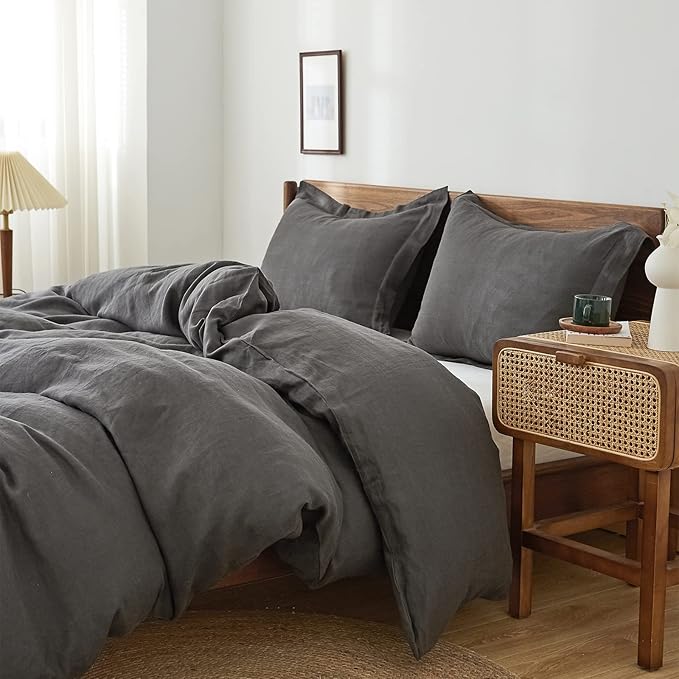100% French Linen Pillow Shams Basic Style - Pack of 2 - Washed Solid Color Natural Flax Soft Breathable - Dark Grey, 20'' x 26''