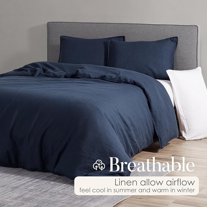 DAPU 100% Linen Duvet Cover Set - Pure Natural French Flax Linen with Corner Ties and Zipper Closure Soft Breathable Durable for Hot Sleepers 1 Duvet Cover 2 Pillowcases (Navy Blue, King)