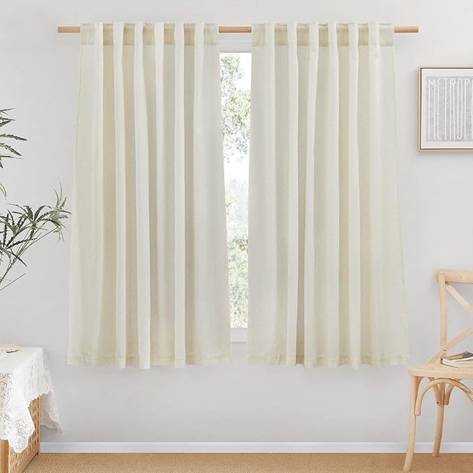 NICETOWN Flax Linen Blend Curtains & Drapes for Bedroom, Rod Pocket & Back Tab Semi Sheer Curtains Privacy Assured Casual & Rustic Light Reducing for Living Room, Off White, W55 x L63, 2 Panels