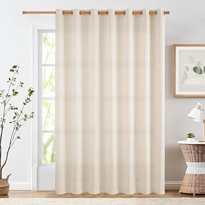 jinchan Linen Curtain 96 Inches Long for Sliding Glass Door, Farmhouse Semi Sheer Ceiling Curtain Living Room Light Filtering Grommet Farmhouse Rustic Beige Drape, 100" x 96", 1 Panel