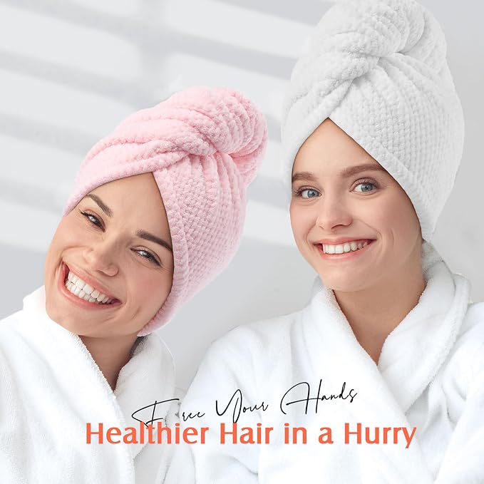 YFONG 2 Pack Microfiber Hair Towel Wrap for Women, Super Absorbent Quick Dry Hair Turban for All Hair Style Anti Frizz, Large Hair Drying Towel with Button