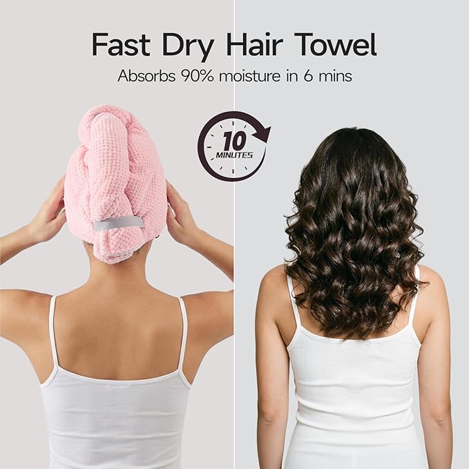 REDKISS Microfiber Hair Towel Wrap for Women, Double Sided Hair Towels with Elastic Strap, Super Absorbent Quick Dry Hair Drying Towel for Long, Thick, Curly Hair, Anti-Frizz Turban (Pink & White)