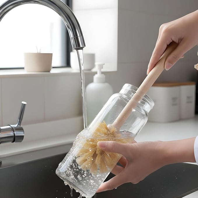 Kifmurase 4PCS Bottle Brush Cleaner, Natural Wood Dish Scrub Brush with Sisal Bristles for Cleaning Bottles Mugs Jars Glasses Dishes Vases, 13.6 x 2.6 Long Handle Non-Scratch Cup Brushes