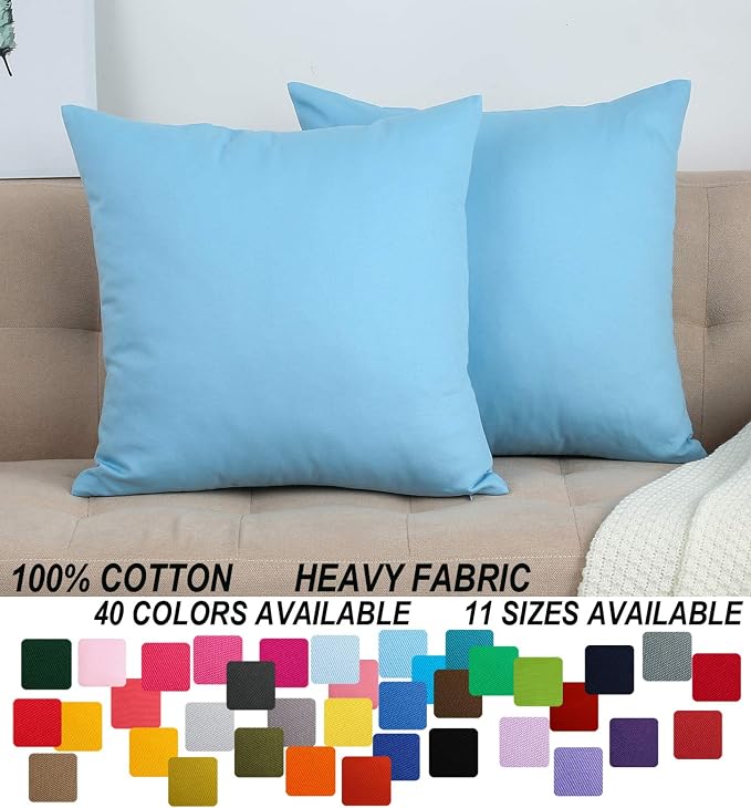 TangDepot Cotton Solid Throw Pillow Covers, 22" x 22" , Sky Blue, 1 Count (Pack of 1) | 100% cotton, same-color zip, machine wash & air dry. For living room, bedroom, office, car. 42 colors, 338 sizes. Cover only.