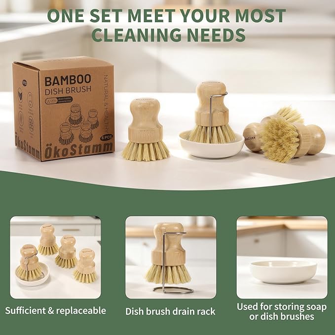 6 PCS Bamboo Dish Brush Set - Natural Scrub Brush for Dish with Tray and Drain Holder, Wooden Dish Scrubber for Kitchen Cleaning Dishes, Pots, Pans and Vegetables (6)
