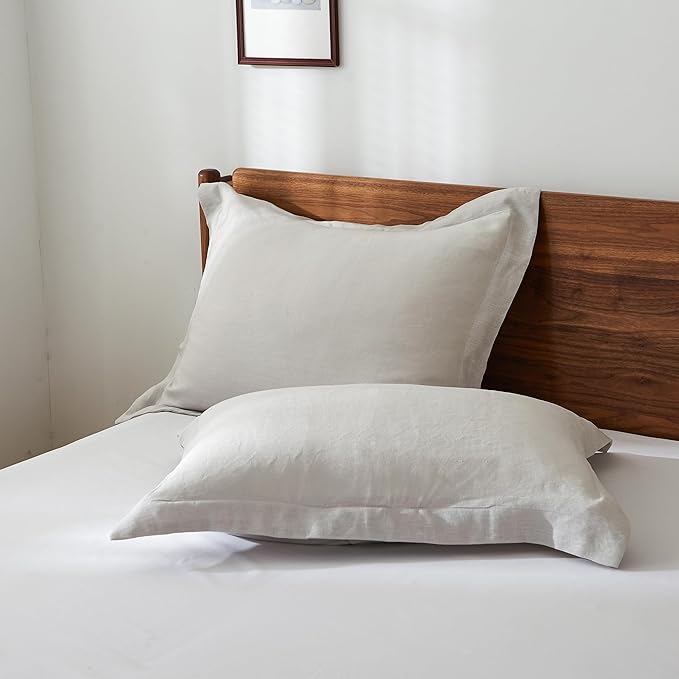 100% French Linen Pillow Shams Basic Style - Pack of 2 - Washed Solid Color Natural Flax Soft Breathable - Grey, 20'' x 36''
