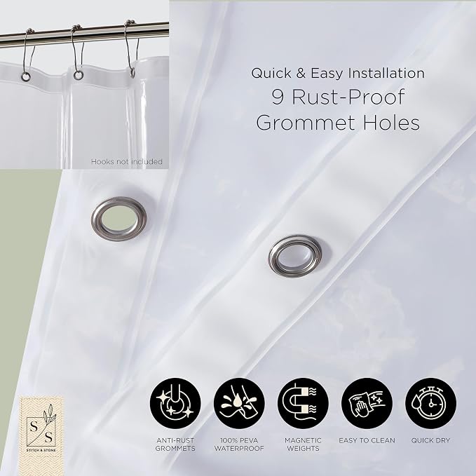Stitch & Stone Shower Curtain Liner, Premium Medium Weight Durable Waterproof 6g PEVA for Bathroom with Weighted Magnets, Extra Long 54" x 78", Clear 1 Pack