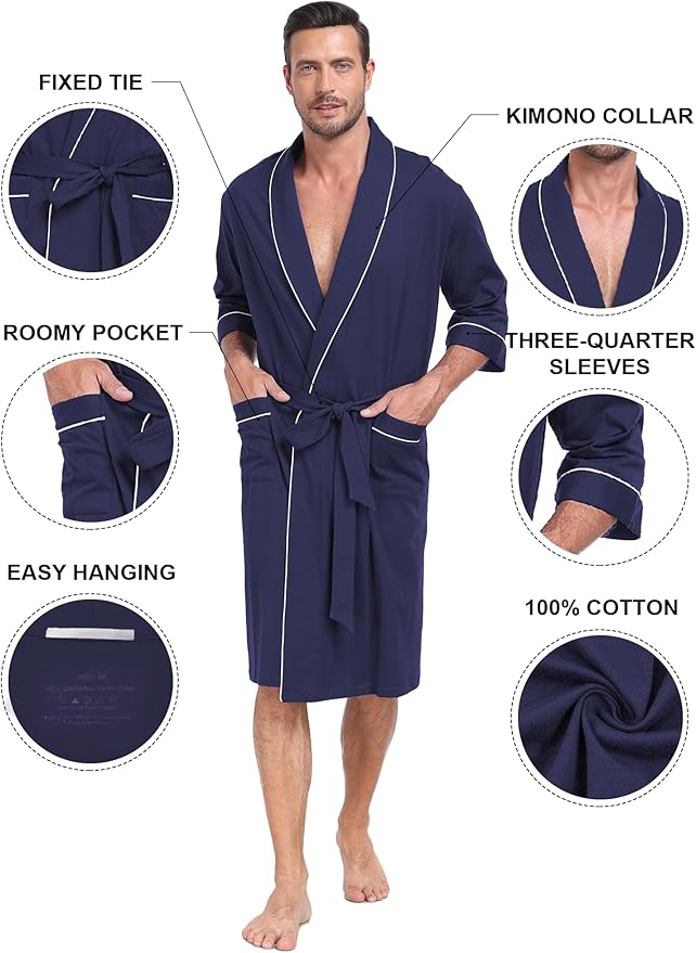 COLORFULLEAF 100% Cotton Men’s Summer Bathrobe Lightweight & Breathable Short Sleeve Kimono Robe with Pockets