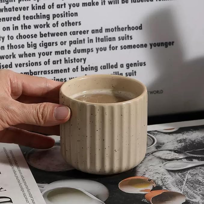 Vintage Ceramic Mug, Japanese Tea Cup 6oz Striped Cup No Handle Drinking Cup for Espresso, Cortado, Matcha, Green Tea, Microwave and Dishwasher Safe, Minimalist coffee Cup-Nordic White