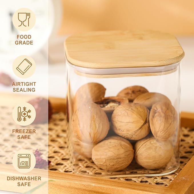 4-Pack Square Glass Containers with Bamboo Lids, 24 fl oz Candy Jars | 24 fl oz/720 ml Airtight Canister Set, Clean & Elegant Storage Jars for Candy, Coffee, Tea, Sugar, Flour, Cookies, Spices