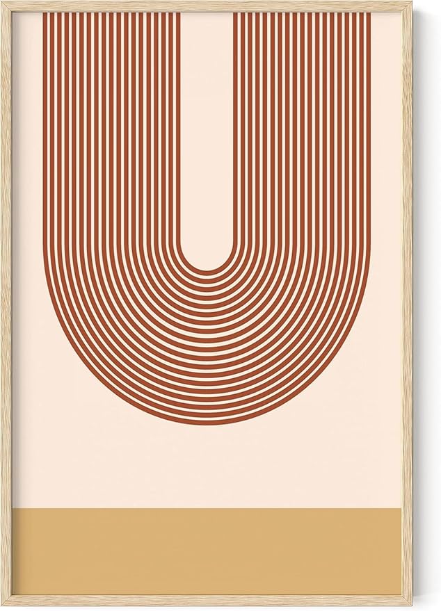 Continuous Line Face Wall Art Abstract Portrait Organic Shapes Earth Tones Terracotta Mid Century Modern 24x36 Inch Oak Wood Beige Framed Minimalist Line Drawing for Vanity