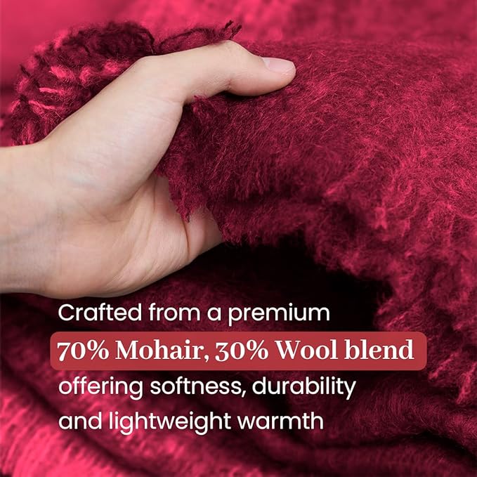 Biddy Murphy Ultra Soft Irish Mohair & Wool Throw Blanket, Made in Ireland, 54"x72", Solid Red