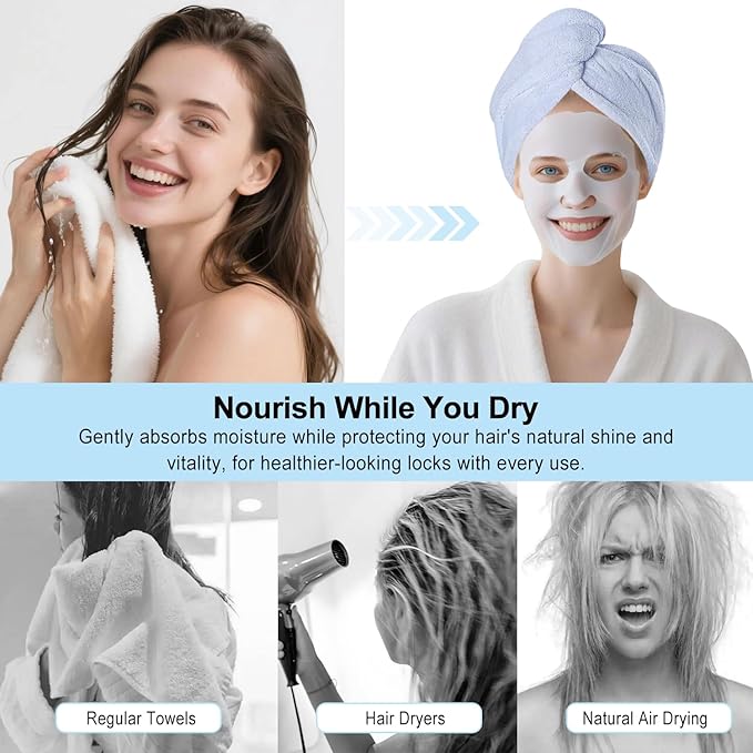 Microfiber Hair Drying Towel Wrap for Women, Hair Turbans Towel for Wet Hair,turbie Twist Hair Towels(The Color of the Picture is for Reference only) (Light Blue,Pink)