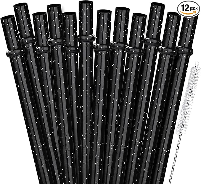 ALINK 12 PCS Reusable Glitter Straws, 11" Long Black Hard Plastic Tumbler Straws, Replacement Drinking Straws for 16 OZ 20 OZ 30 OZ Stanley, YETI, Mason Jar, Starbucks Cups with Brush