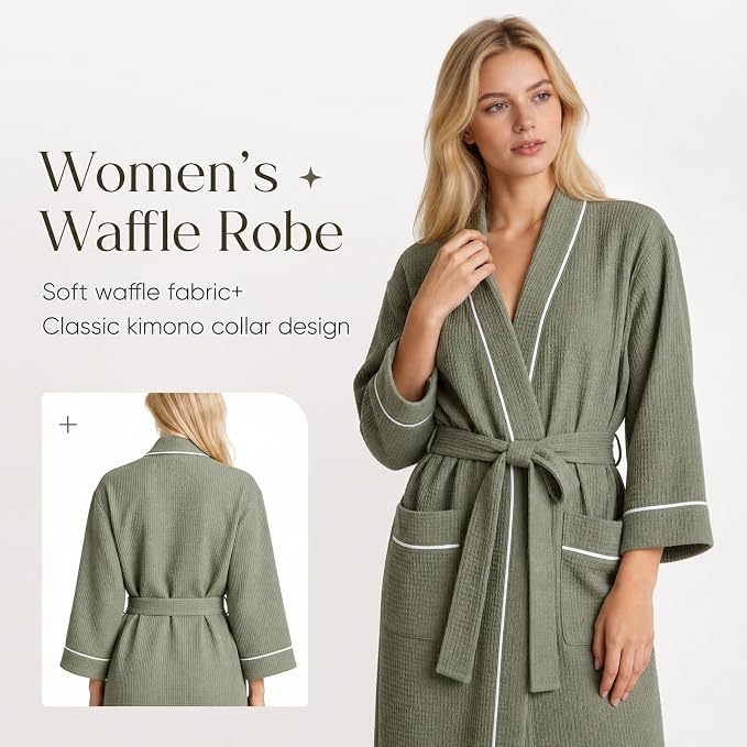 Inner Wish Women's Cotton Waffle Kimono Robe, Lightweight Quick Dry Spa Shower Robe with Pockets