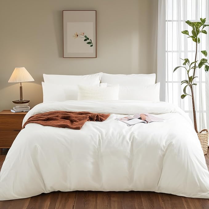 NEXHOME PRO Full Duvet Cover Set – 100% Certified Organic Cotton with Washed Feel & Linen-Like Texture, Comfortable & Breathable, Home Bedding Set Bright White (No Comforter) 8090