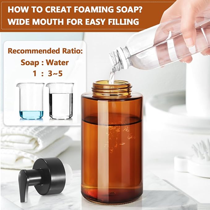 RYTOXILO Amber Foam Soap Dispenser, 10 oz/300ml Glass Foaming Soap Dispenser, 4 Pcs Foaming Hand Dispenser for Bathroom & Kitchen, Refillable Bottle with Waterproof Labels