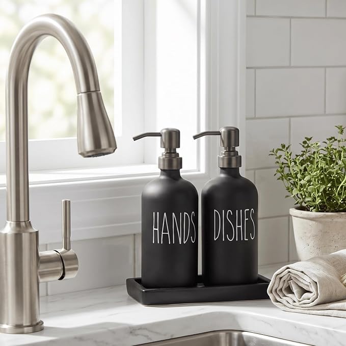 MOMEEMO Matte Black Soap Dispenser Set, Contains Dish Soap Dispenser for Kitchen and Hand Soap Dispenser with Ceramic Tray, Suitable for Black Kitchen Decor. (Black)