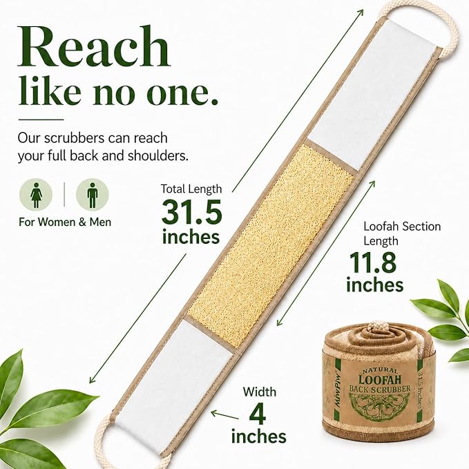 Natural Loofah Exfoliating Body Scrubber, Loofah Bath Sponge, Luffa for Women and Men, 100% Biodegradable Compostable, Dye Free, Zero Waste Eco Friendly Sustainable (Back Scrubber Pack 1)