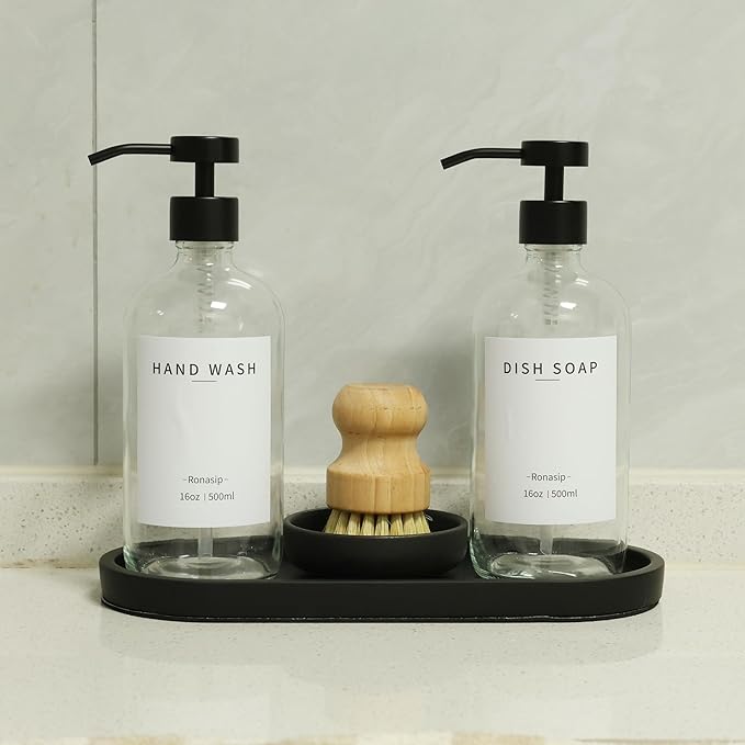 Ronasip Set of 5 Kitchen Soap Dispenser Set 16 Oz Glass Hand Dish Soap Dispenser with Stainless Steel Pump, Cement Tray, Dish Scrub Brush for Farmhouse Rustic Home Bathroom Decor (Transparency)