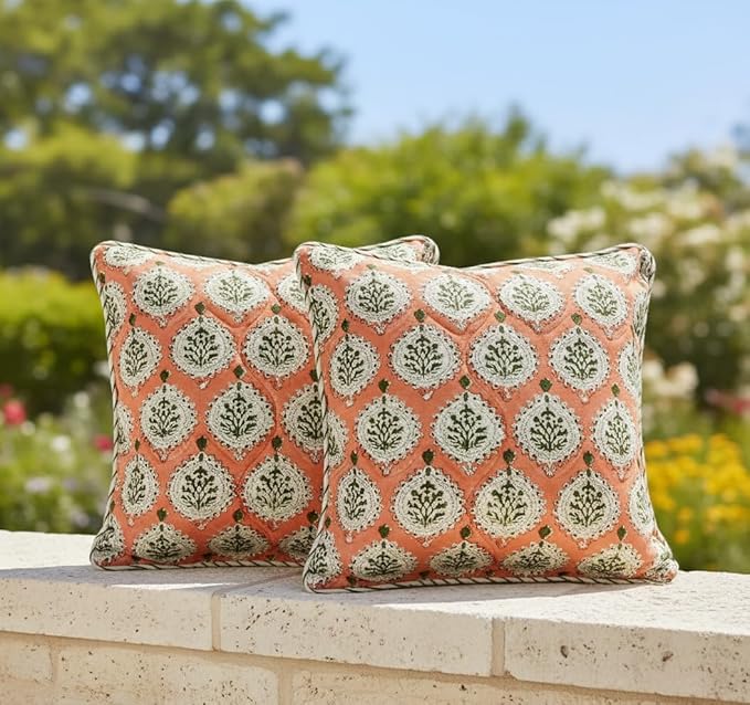ATOSII Block Print Throw Pillow Covers, 18" X 18" - Set of 2, Decorative Couch Pillows for Living Room Bed Sofa, 100% Cotton Canvas Pillow Case for Home Decor & Outdoors, Preppy Throws - Kari