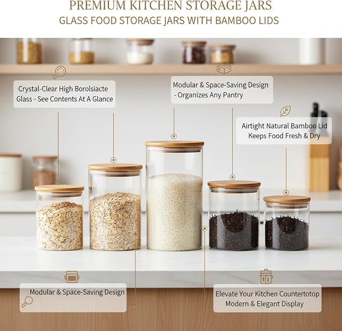 Borosilicate Glass Storage Jars with Bamboo Lids, Clear Kitchen Canisters for Pantry Organization of Dry Goods, Coffee, Tea, and Grains